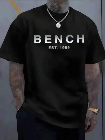 AnChiStreetwear - Plus Size Men's Fashion Minimalist Gray & White Ombre Letter Print Casual Short Sleeve T-Shirt, Suitable For Streetwear, Outdoor, And Daily Commute