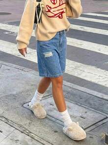 Quần short denim ống rộng dáng suông dài đến đầu gối, thích hợp cho kỳ nghỉ, bãi biển, lễ hội nhạc đồng quê. - Rửa nhẹ - Xem 3