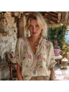 Women's Printed Floral V-Neck Short-Sleeve Shirt - 2026 Summer Collection: Elegant & Versatile Top - JUIM-5781 - Xem 8
