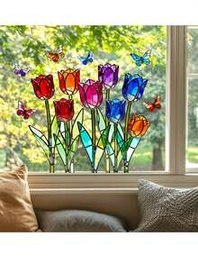 1 miếng dán cửa sổ tĩnh điện hình bướm và hoa tulip nhiều màu sắc, decal dán cửa sổ hai mặt hiệu ứng kính màu với hoa tulip, bướm và chuồn chuồn, hiệu ứng khúc xạ ánh sáng mặt trời, thích hợp trang trí cửa sổ nhà bếp, phòng ngủ, cửa hàng, trang trí bề mặt kính có thể tái sử dụng cho dịp lễ, làm quà tặng, trang trí nhà cửa. - Một kích cỡ phù hợp cho tất cả - Xem 3