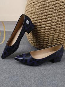 XBYASDF 2026 New Women's Blue Leopard Print Pointed Toe Chunky Heel Pumps, Glossy Low Vamp Slip-On 3cm High Heels, Versatile For Commute And Date - Dark Blue - View 6