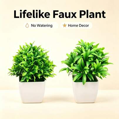 1/2pcs Artificial Potted Plant Set, Fake Green Plant Bonsai With White Square Planter, Maintenance-Free Faux Greenery, Suitable For Home Office Desk Decor, Indoor Outdoor Tabletop Decoration