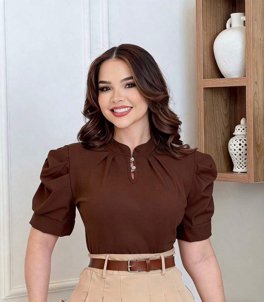 Blouse With Puff Sleeves And Two Buttons. - Óxido marrón - Ver 1