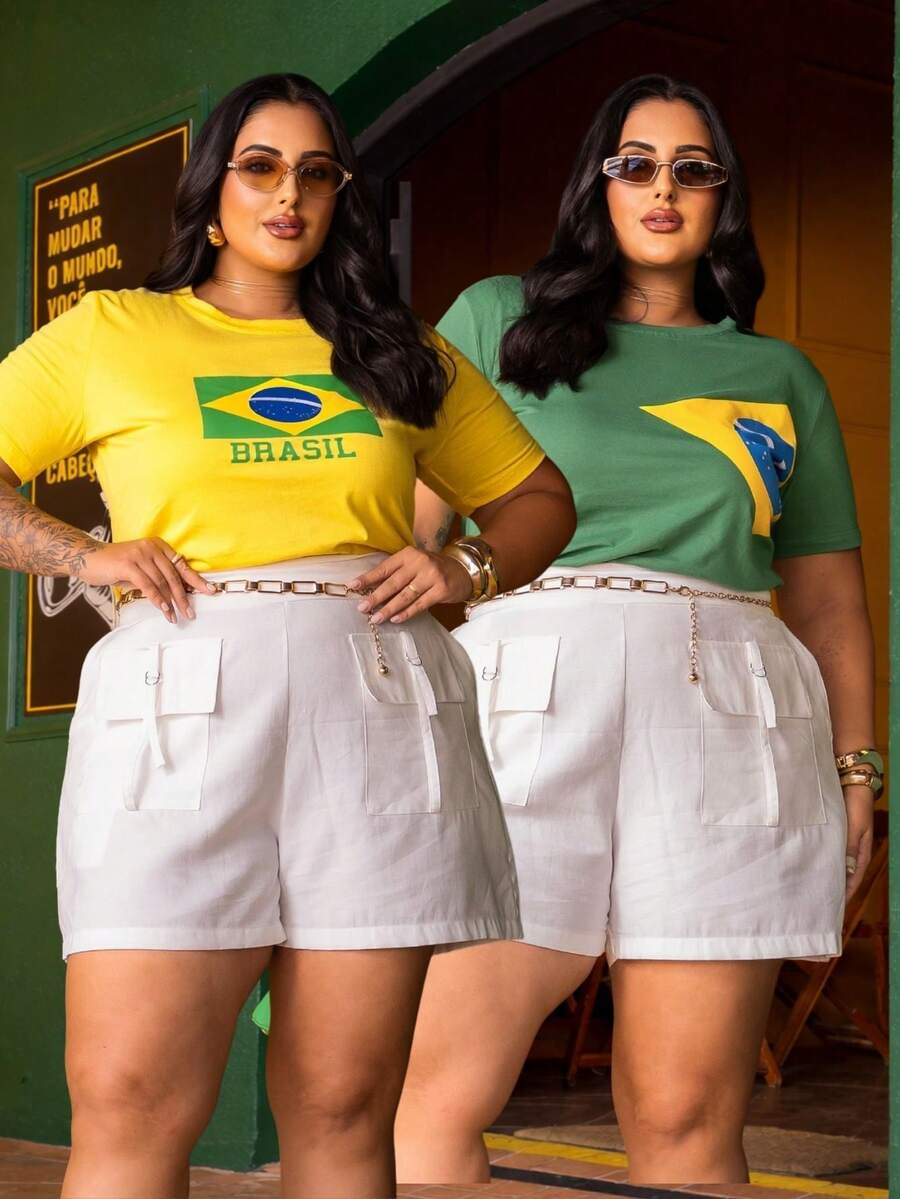 Brazil T-Shirt, Women's T-Shirt, World Cup, Green And Yellow Flag, 2026 , Sizes P To G3 Plus, 100% Cotton Fabric - 套件 02 黃/綠色 - 查看 1