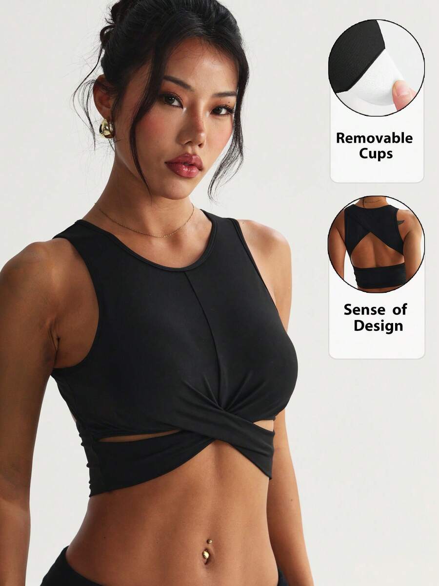 Women's Solid Color Removable Padded Round Neck Backless Sports Knit Bra - Black - View 1