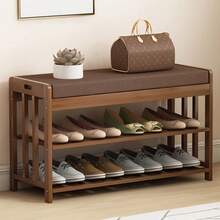 2 Tier Shoe Bench Shoe Organizer Rack With Cushion Padded Seat For Entryway - Natural Wood Color - View 3