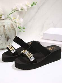 Dép lê nữ mùa hè mới, đế dày, chống trượt, đính pha lê giả, sandal cao gót hai quai, thích hợp cho hoạt động ngoài trời, bãi biển, đám cưới, kỳ nghỉ, dép xỏ ngón đế xuồng màu đen. - màu đen - Xem 6