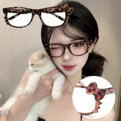 1 Piece Vintage Leopard And Floral Bow Glasses Frame - Lightweight Fashionable Everyday Style, Cat Eye Design With Decorative Bow Embellishment, Perfect For  Looks