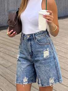 Distressed Straight Leg Casual Denim Bermuda Shorts, Versatile Summer Women's Cropped Jeans - Blue - View 2