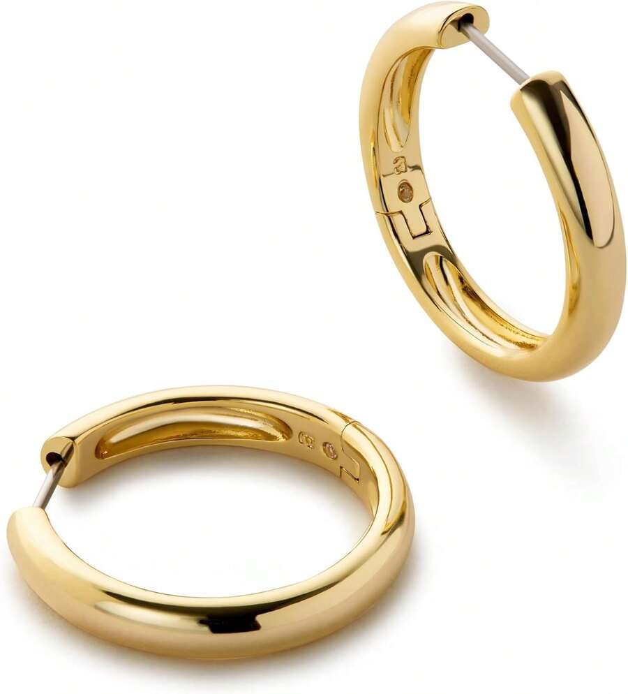 Earrings For Women - Hypoallergenic Water-Resistant Tarnish-Free Chunky Earrings For Women - 14K Gold Plated & Silver Rhodium Plated Hoops - Small, Medium & Large Size - Gold - Large - View 1
