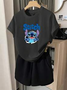 2pcs Tween Girl Disney Lilo & Stitch Ripped Creative Unisex Kids T-Shirt & Shorts Set, Cotton Breathable Summer Casual Versatile Short Sleeve Set, Children's Sporty Style Cartoon Print T-Shirt Set, Suitable For Daily Wear, Versatile And Not Stuffy, Ideal For Spring And Summer Wear, Vacations, Outdoor Activities, Amusement Park Outfits, And Can Also Be Used As Children's Gifts. - 黑色 - 查看 8