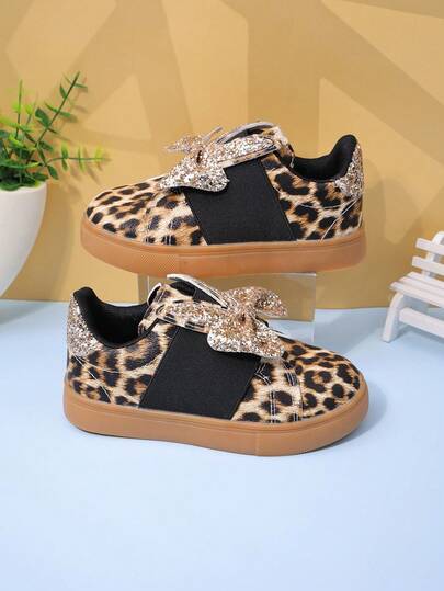 Children's Sports Shoes, Girls' Thick Sole Bowknot Running Shoes, Middle & Big Kids' School Campus Casual Leopard Print Sneakers, Autumn/Spring