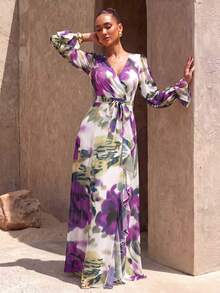 SUPGIR [Random Floral Print] V-Neck Lantern Sleeve Waist Tie Dye Chiffon Maxi Dress - Multicolor - View 1