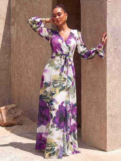 SUPGIR [Random Floral Print] V-Neck Lantern Sleeve Waist Tie Dye Chiffon Maxi Dress