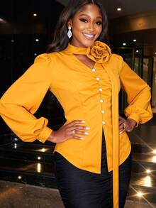 AOMEI Women's Elegant Long Petal Sleeve Ruffle V-Neck Floral Decor Blouse, Suitable For Office Work And Daily Wear - Mustard Yellow - View 2