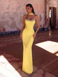 Black Elegant Lace Patchwork Ruched Bust Backless Tie Formal Gown, Suitable For Prom, Party, Evening Wedding Spring - Yellow - View 7
