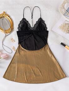 New Women's Sleepwear With Foil Stamping, 3D Cut Lace Patchwork, Y-Shaped Open Back, Sexy Lingerie Slip Dress Suitable For Multiple Occasions - Gold - View 7