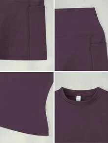 2pcs Sports Set, Short Sleeve Top + High Waist Shorts With Side Pockets - Purple - View 6