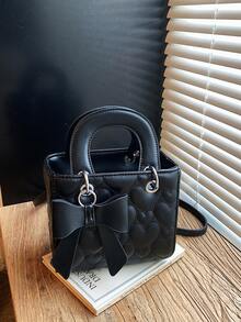 Nova Bolsa de Mão com Padrão Acolchoado em Formato de Coração e Cor Sólida em PU com Pingente de Laço - Bolsa Transversal Versátil e Elegante para Mulheres, Bolsa da Moda, Bolsa Elegante para Negócios e Uso Casual, Perfeita para Escritório, Negócios e Ambientes de Trabalho - Preto - Visão 5