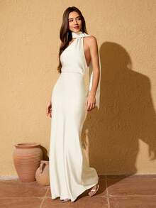 LOVE&LEMONADE Đầm maxi satin màu mơ ôm sát, không tay, cổ khăn choàng dành cho nữ, thích hợp cho đám cưới. - mơ nhạt - Xem 4