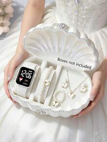 6/5 piezas Reloj digital LED elegante y lindo de moda para niñas, emparejado con un delicado juego de joyería de pulsera, collar, anillo y aretes con perlas y mariposas, adecuado para uso diario de niñas, regalo de cumpleaños/festividad, graduación, reunión familiar, celebración, decoración de fiesta de vacaciones, regalo ideal para graduación/Día de la Madre, regalo perfecto para niñas - Multicolor - Ver 14