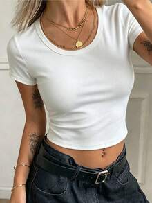 Women's Summer New Simple Design White Casual Round Neck Short Sleeve T-Shirt, Fashionable Versatile Suitable For Women's Tops - White - View 2