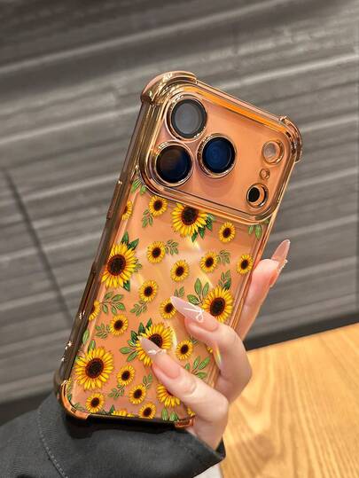 1 pieza Nuevo estuche protector transparente de TPU grueso y a prueba de golpes con patrón de girasol naranja chapado, adecuado para iPhone 17 Pro Max/16 Pro Max/16 Pro/16/13 Pro Max/12 Pro Max/11, ideal para uso diario y como regalo