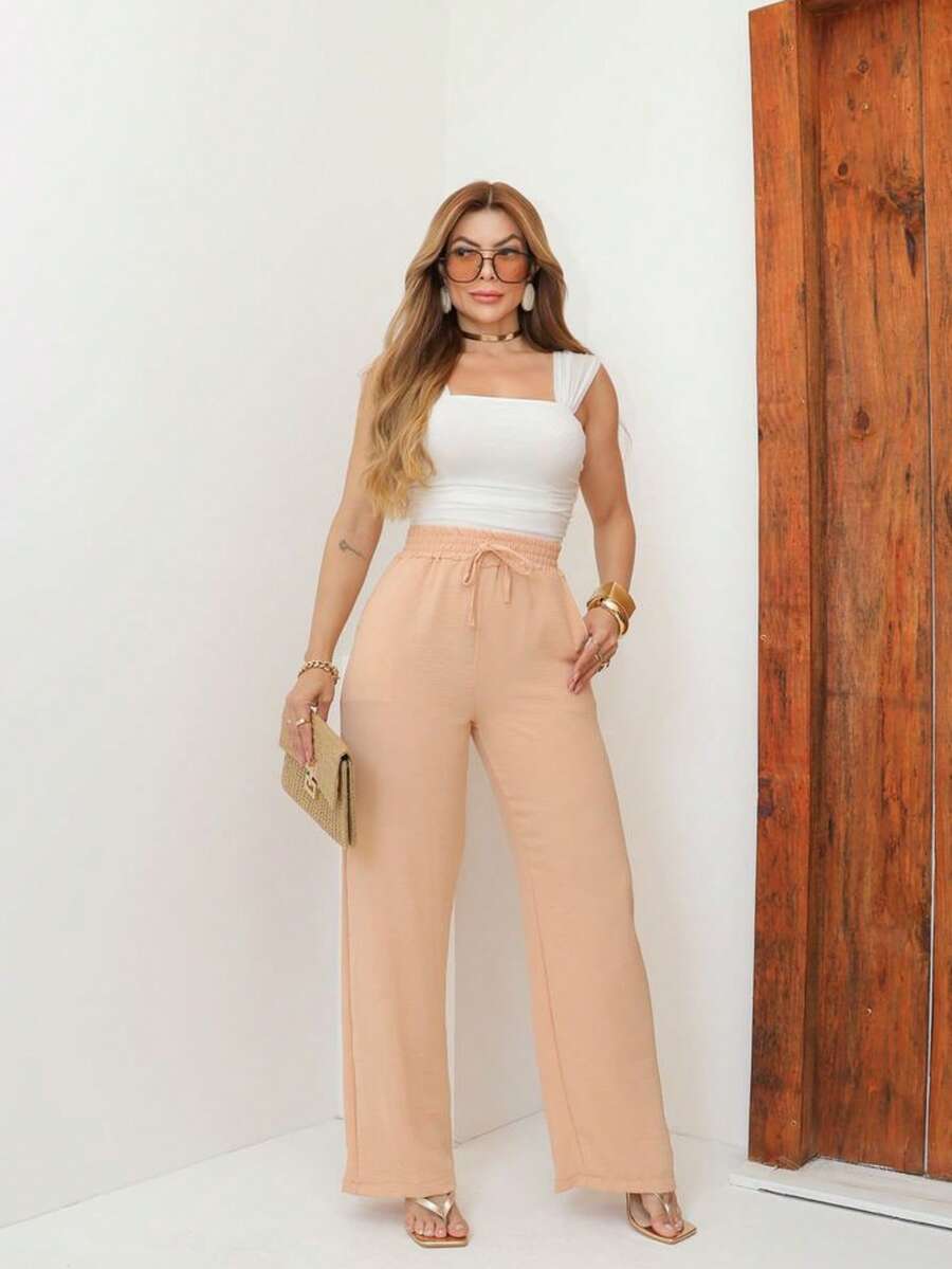 Calça Pantalona Feminina com Bolso e Elástico na Cintura Tecido Duna Cintura Alta para Uso Diário e Ocasiões Casuais