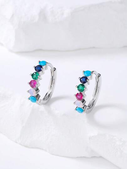 1 Đôi bông tai khoen tròn đính đá Zirconia nhiều màu sắc theo phong cách Bohemian, kiểu dáng Pháp cổ điển nhỏ nhắn tinh tế, phụ kiện đa năng dùng hàng ngày.