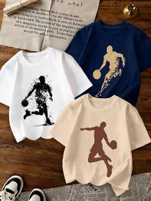 3pcs Basketball Themed Printed Sports T-Shirts, Suitable For Boys Casual Wear, Round Neck Short Sleeve, Basketball Theme, Suitable For Teenagers Sports Tops, Spring/Summer - Multicolor - View 2