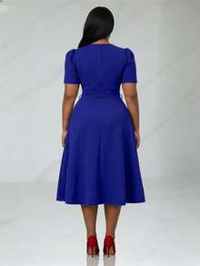 女士优雅V领荷叶边下摆纯色连衣裙，不对称/不规则中长连衣裙，适合优雅场合、婚礼、办公室、日常穿着，春夏皆宜 - 藍色 - 查看 2