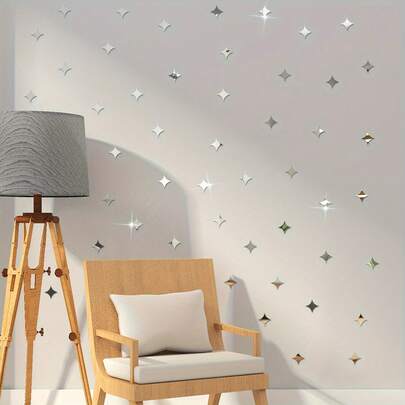 OUTANA 50pcs Acrylic Mirror Wall Stickers, Self-Adhesive Removable Acrylic Star Mirror DIY Decor For Bathroom, Bedroom, Living Room, Kitchen, Dorm, Dining Room