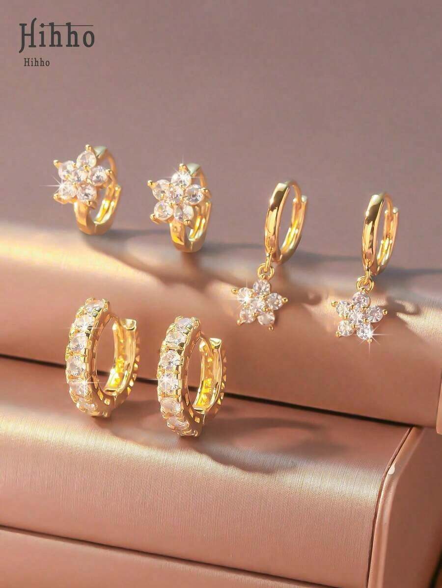 Hihho 6 Pieces Simple & Fashionable Shiny Flower Pendant Earring Set With Full Zirconia Inlay - Luxury Jewelry Ear Accessories Gift Valentines,Mom,Mother,Mother's Day,Gift - 皇家藍 - 查看 1