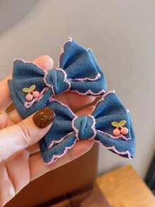 2pcs Cherry Denim Bow Hair Clips, Versatile Delicate Cute Princess Style Bangs Hairpins For Girls - Pink - View 5