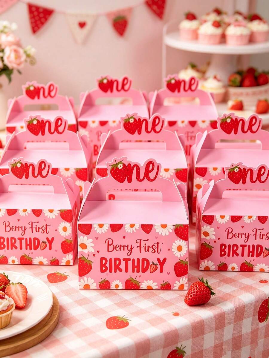 4个粉色草莓“ONE”生日礼盒，可爱粉色草莓“ONE”图案，适合一周岁生日派对、糖果派对、一周岁生日礼物包装、婴儿派对回礼盒、零食盒、生日派对装饰、饼干巧克力礼盒、派对餐桌中心装饰糖果盒、一周岁生日派对用品、婴儿派对回礼、婴儿派对装饰、生日礼物。