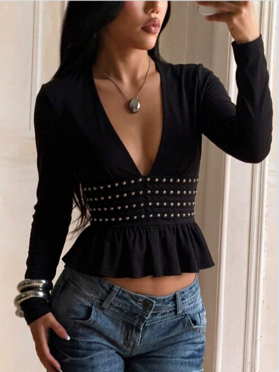 Top sexy de manga larga con escote en V profundo y espalda descubierta, otoño
