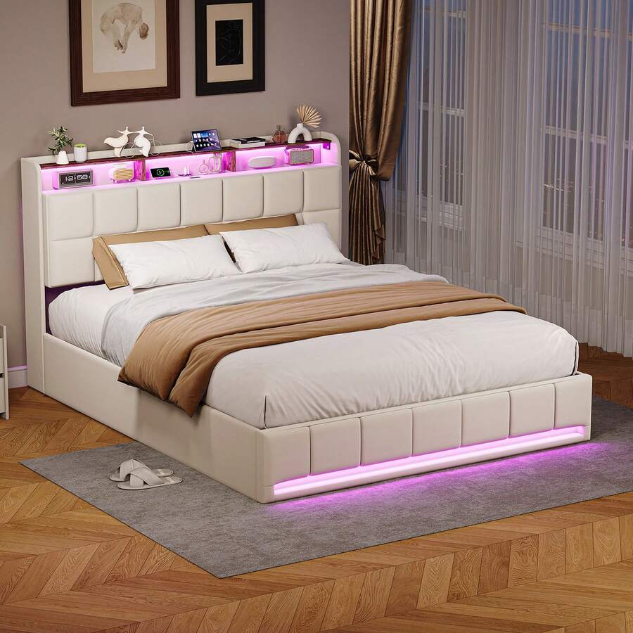 Letto ZSSWSS con contenitore 140/160 x 200 cm con contenitore idraulico, letto matrimoniale imbottito, rete a doghe, struttura letto, copriletto, beige/grigio - Beige - Visualizzare 1