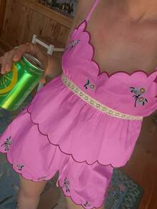 Floral Embroidered Ruffle Trim Camisole And Shorts 2 Pieces Vacation Set Summer - Hot Pink - View 2