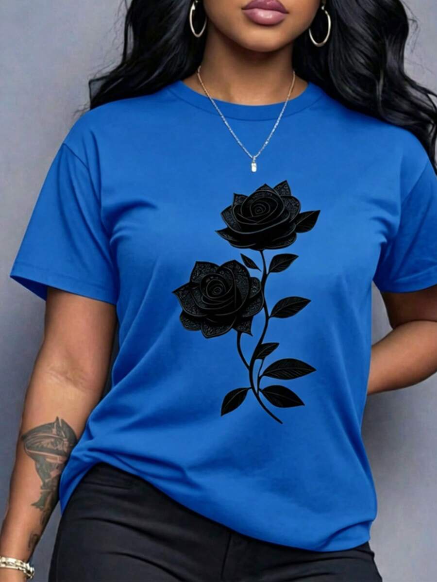 Spring Clothes Women's Clothing, Ladies Plus Size T-Shirt Black Rose Print - Casual Short Sleeve Round Neck Top, Medium Stretch Fabric, All-Season Com - 藍色 - 查看 1
