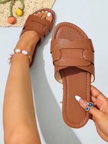 Ximi Ruo Korean Style Casual Flat Slide Sandals, Open Toe, Woven Roman Style, Suitable For Spring, Summer, Beach, Vacation, Dresses, Apartment, Brown Color - Brown - View 1