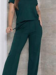Women's Set: Wide-Leg Pants And Comfortable Sweatshirt - Summer - Teal Blue - View 3
