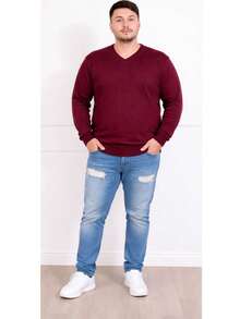 Plus Size Men's Winter Sweater/Blouse With V-Neck, Sizes G1-G4 - 酒紅色 - 查看 1