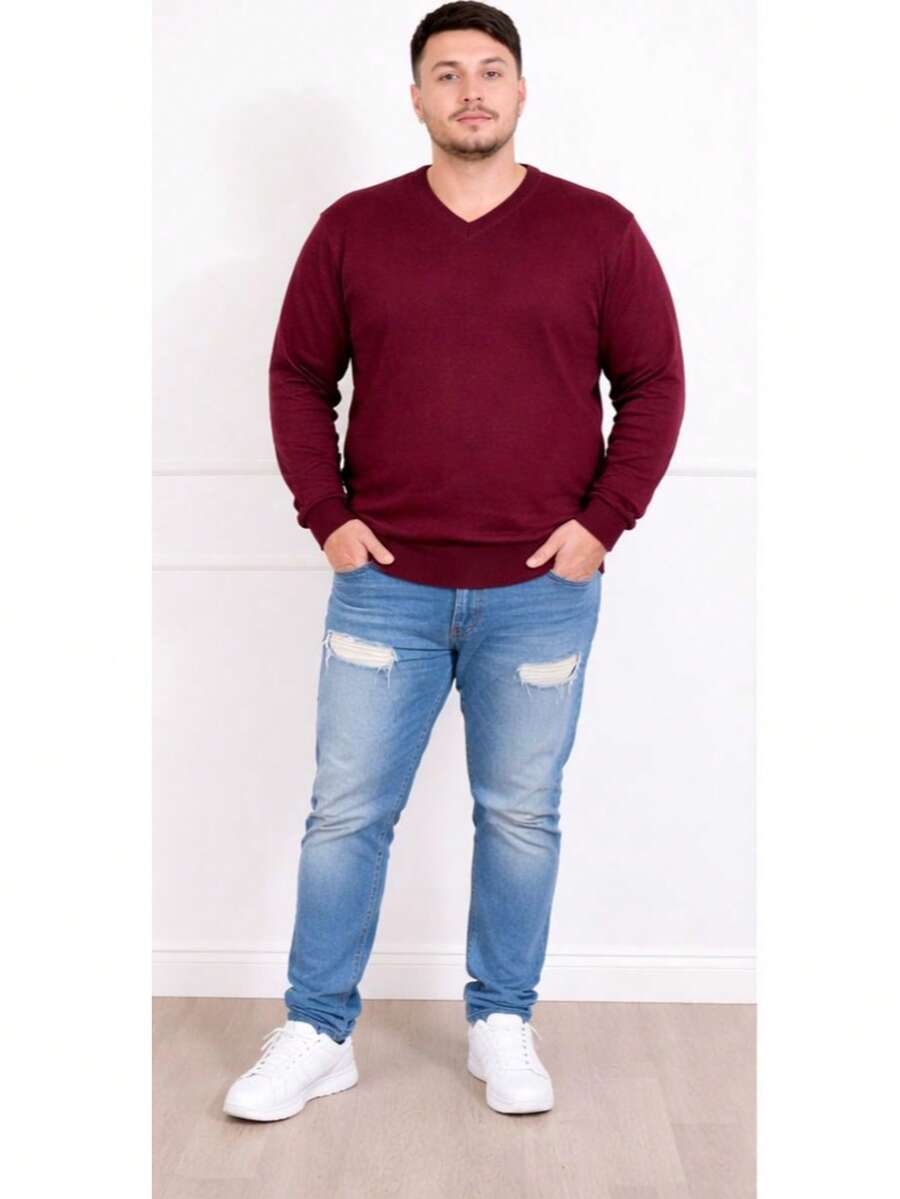 Plus Size Men's Winter Sweater/Blouse With V-Neck, Sizes G1-G4 - 酒紅色 - 查看 1
