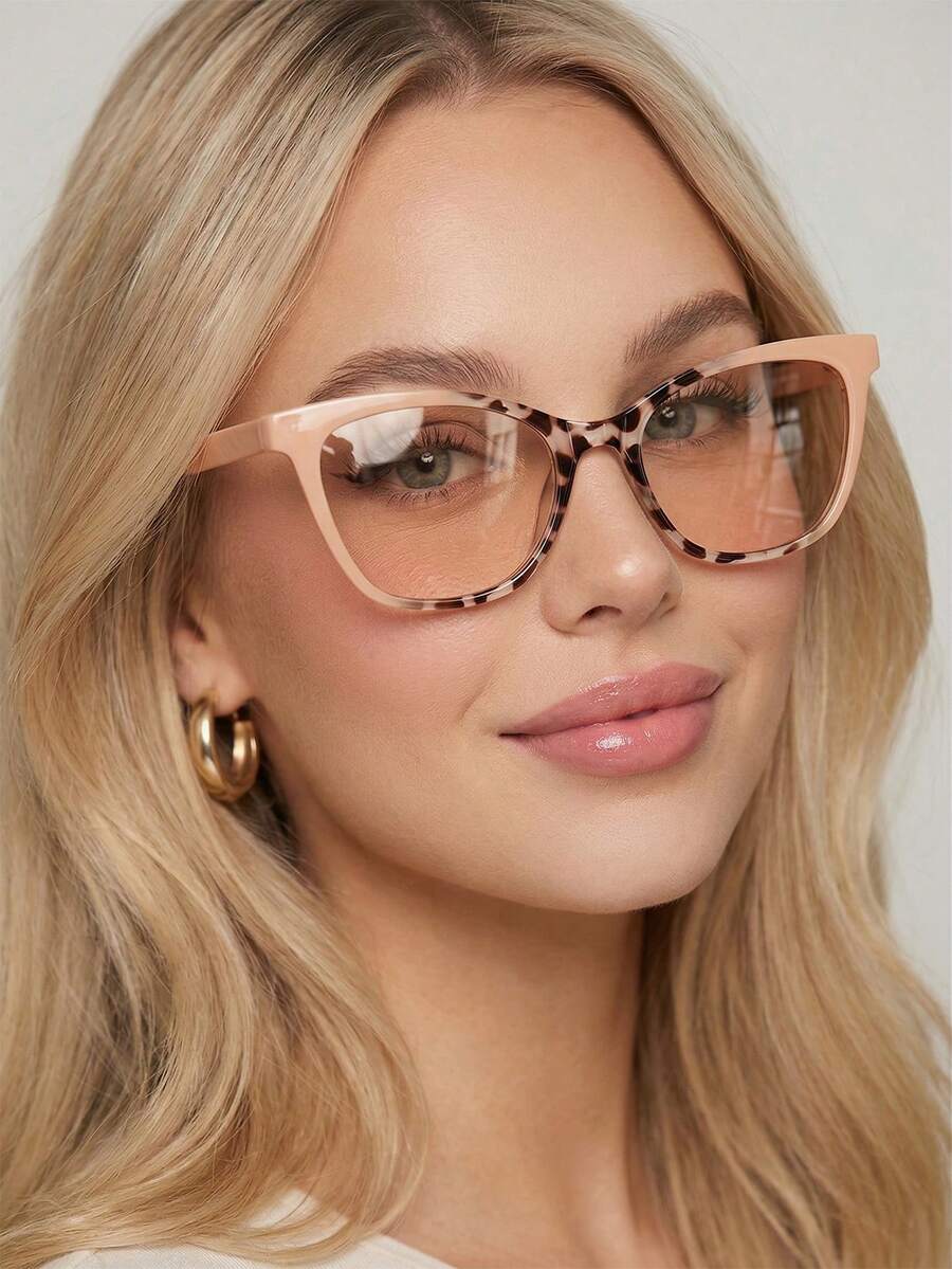 1 Pair Women's Pink Ombre Leopard Print Cat Eye Square PC Glasses, Versatile Gentle Style Fashion - Multicolor - View 1