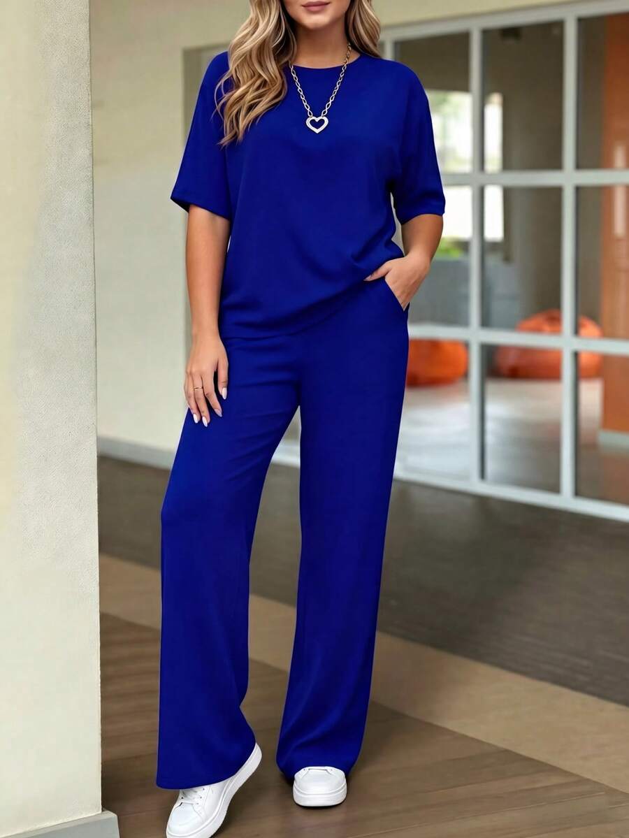 2 pezzi/set Completo casual da donna, composto da top a maniche corte a girocollo in tinta unita e pantaloni lunghi con tasche in vita, elegante per l'estate - Blu - Visualizzare 1