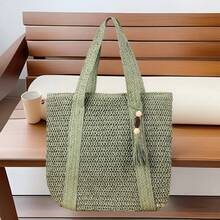 Straw Beach Bag For Women, Large Straw Beach Bag, Waterproof Woven Straw Shopping Bag, Woven Swimming Shopping Travel Bag, Straw Shopping Bag For Women, Suitable For Travel, Vacation, Sea, Everyday Life, Commuting, (Khaki/Beige/Green) - 綠色 - 查看 8
