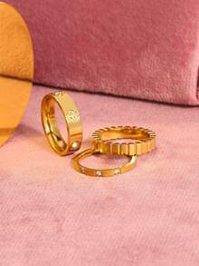 Bộ 3 chiếc nhẫn hình cỏ bốn lá bằng thép không gỉ, đính đá Cubic Zirconia vàng/bạc, thời trang và thanh lịch, thích hợp đeo hàng ngày, hẹn hò, v.v. - Vàng - Xem 2