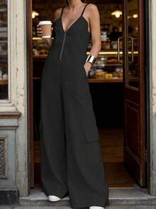 Women's Sleeveless V-Neck Zip-Front Spaghetti Strap Wide-Leg Jumpsuit, Casual Elegant Minimalist Office Daily Outfit, Spring Summer Fall Black - Black - View 2