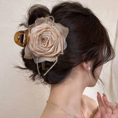 Rose Hair Clip, Dried Rose Hair Clip, Ladies' Birthday Party Hair Accessory, Elegant Camellia Hair Clamp, Women's Hair Clip For The Back Of The Head, High-End Hair Claw, Hairpin, Hair Accessory