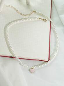 1 pieza Collar con colgante de corazón rosa y perla falsa, collar de cuentas hecho a mano para mujer, joyería minimalista, estilo francés vintage elegante, joyería de lujo hipoalergénica, perfecto para el Día de la Madre, San Valentín, bodas y celebraciones, uso diario versátil para mujer - Blanco - Ver 4